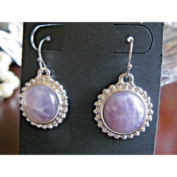 New Natural Purple Amethyst Quartz Crystal Gemstone Cabochon Silvertone Earrings - Picture 4 of 5